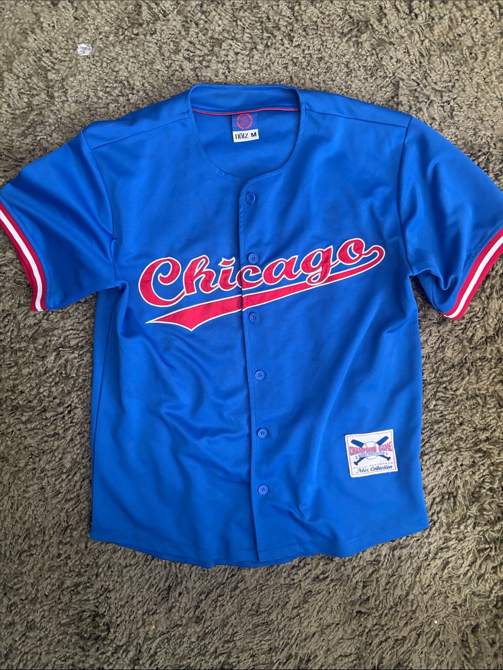 Chicago Royal Blue Baseball Jersey with Red Script “champions game Noiz #44